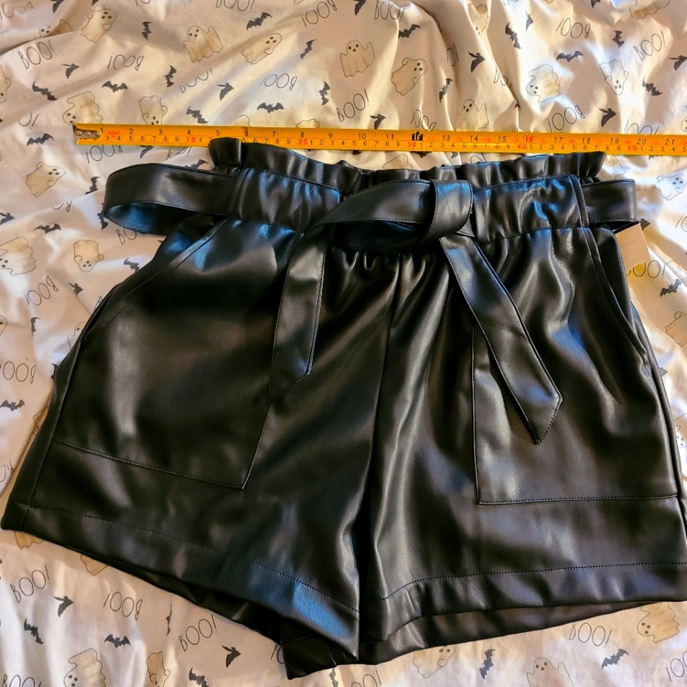 high waist vegan leather paper bag shorts